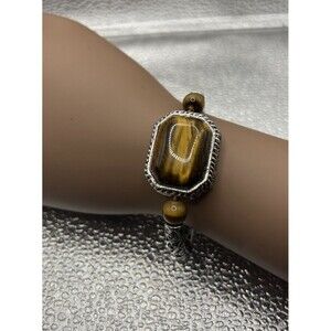 Tigers Eye Statement Stretch Bracelet with Silver Tone Bars